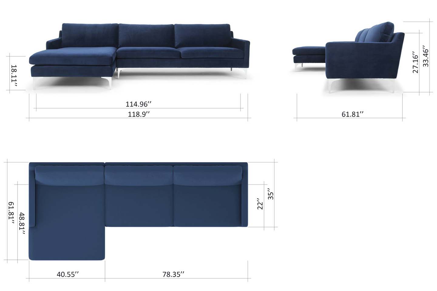 Jones Sectional Sofa With Chaise, Right Facing, Blue, Velvet