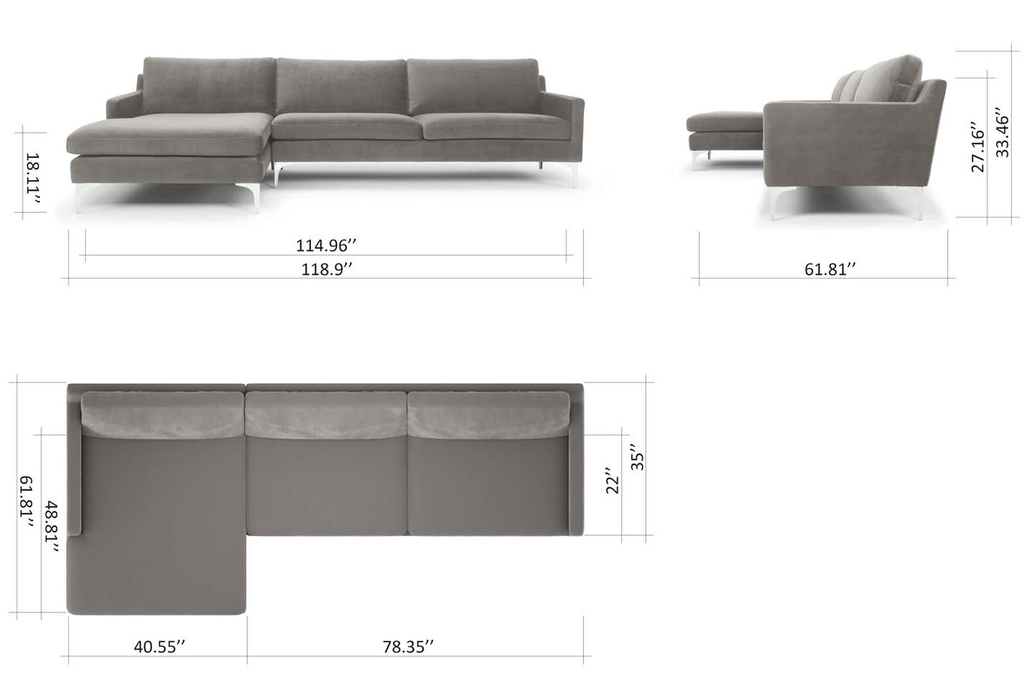 Jones Sectional Sofa With Chaise, Right Facing, Light Gray, Velvet