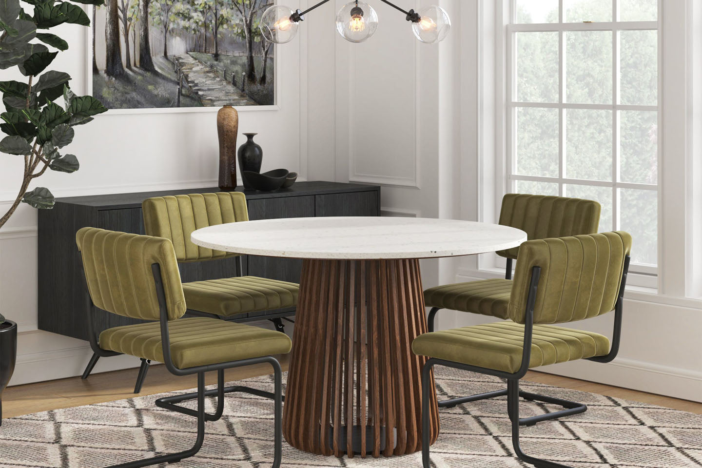 Kendall Round Marble Dining Table in White, Walnut