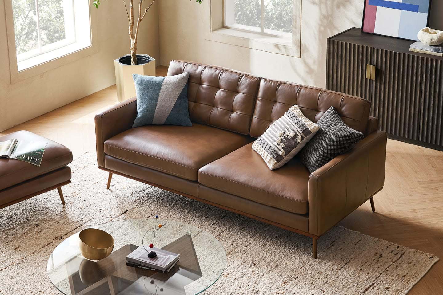 Loft Sofa With Ottoman, 2 Seater, Tan Imitation Leather