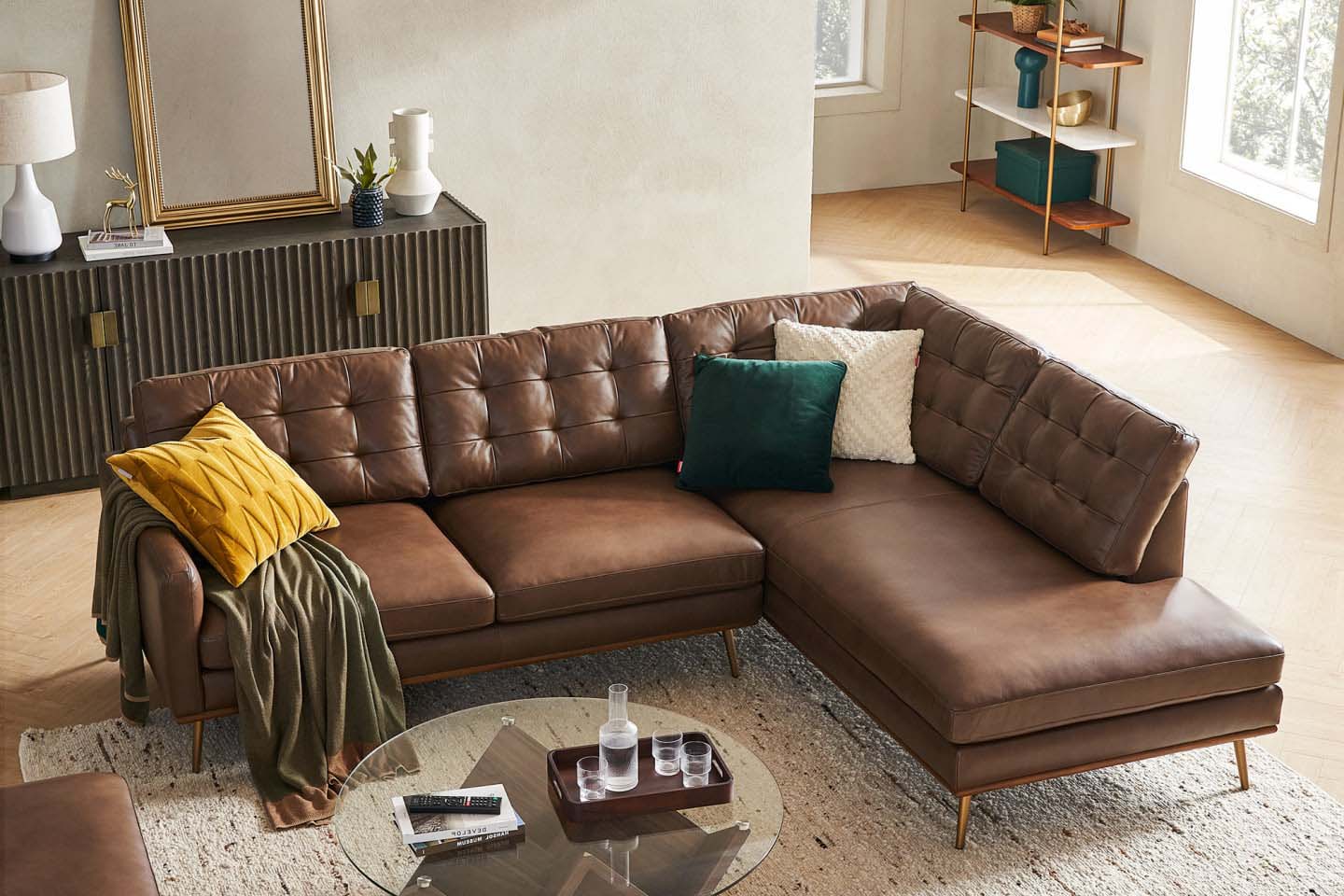 Loft Sectional Sofa With Chaise, Left Facing, Tan Imitation Leather