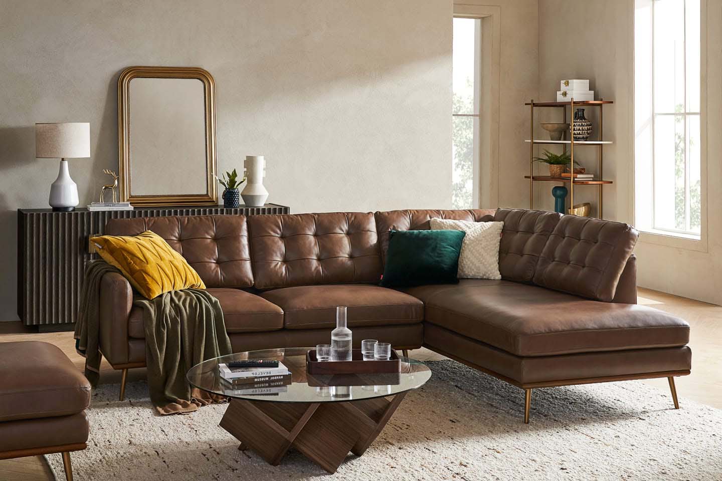 Loft Sectional Sofa With Chaise, Left Facing, Tan Imitation Leather