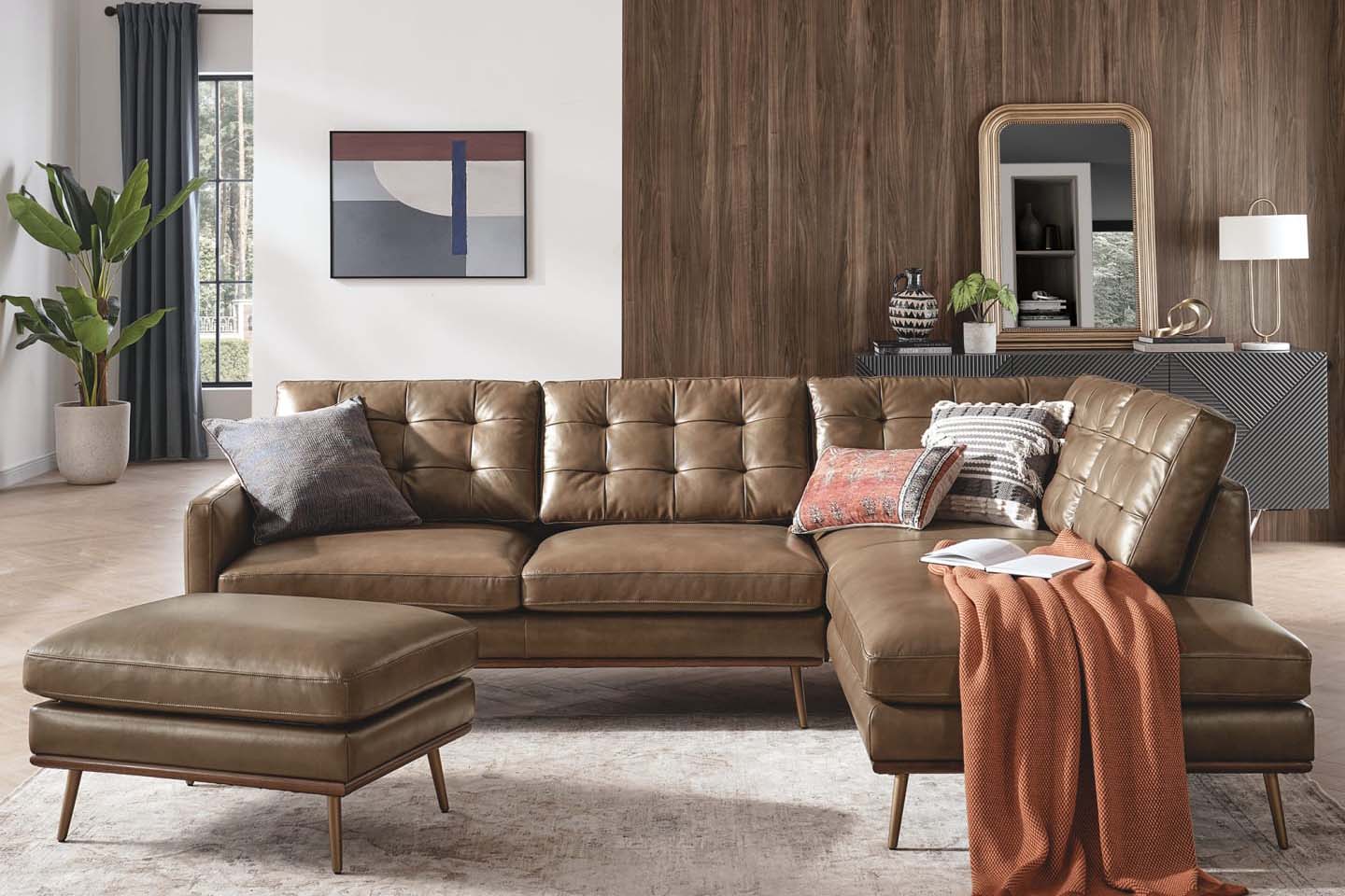 Loft Sectional Sofa With Chaise, Left Facing, Tan Imitation Leather