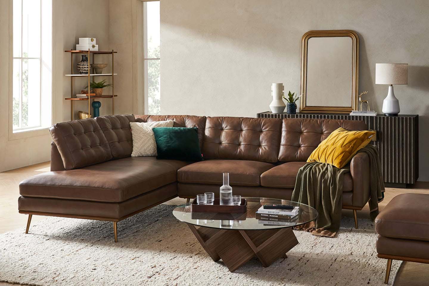 Loft Sectional Sofa With Chaise, Right Facing, Tan Imitation Leather