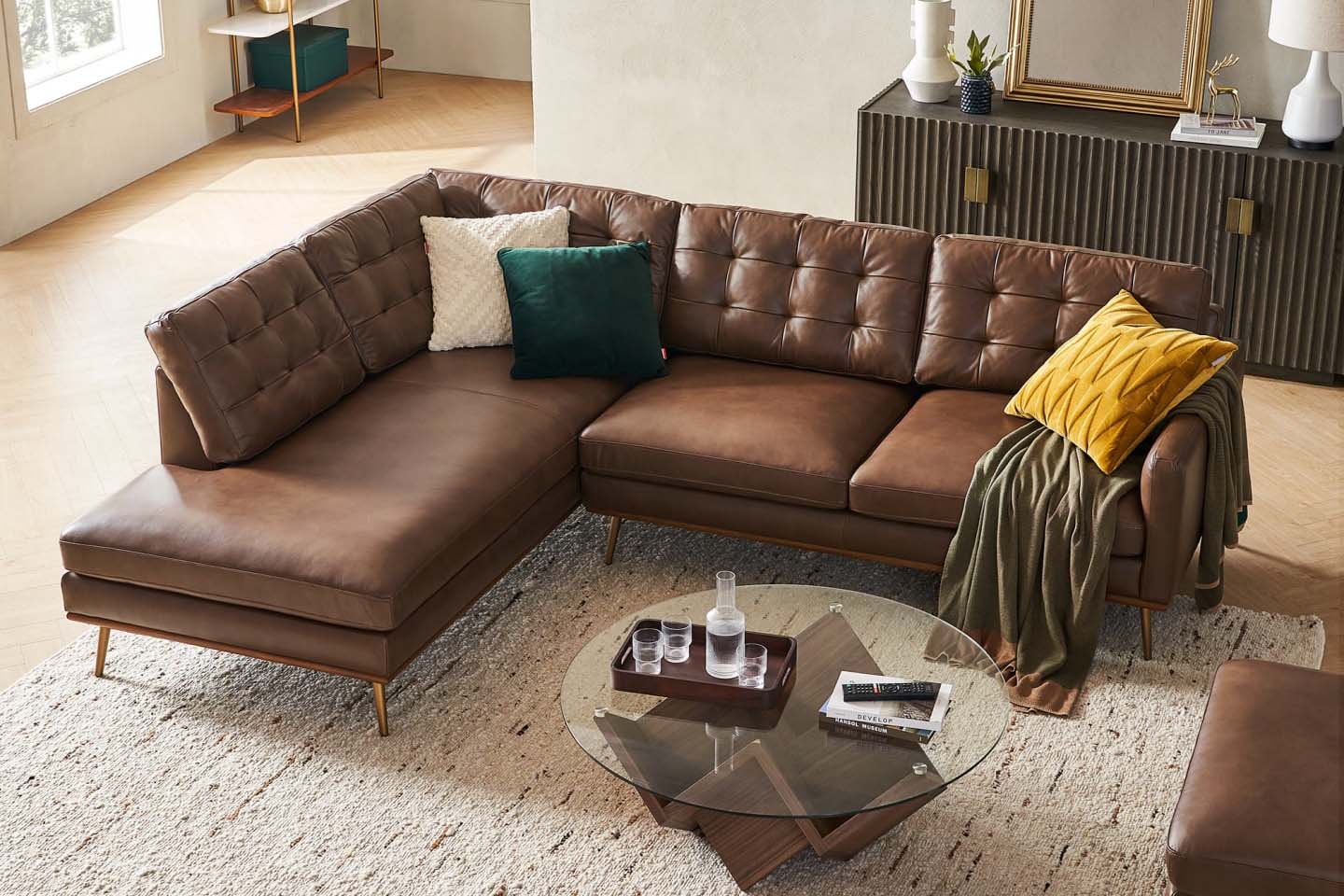 Loft Sectional Sofa With Chaise, Right Facing, Tan Imitation Leather