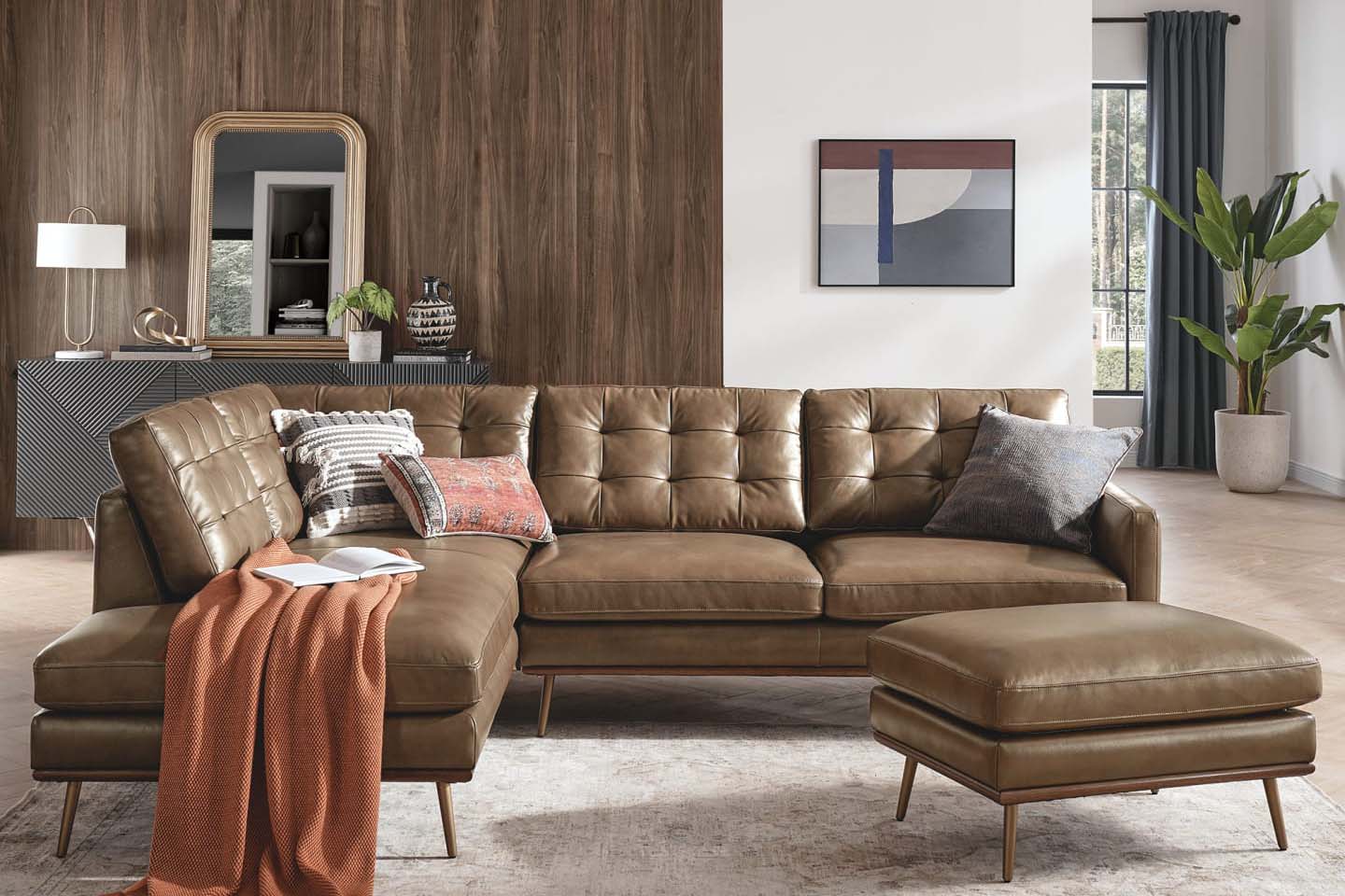 Loft Sectional Sofa With Chaise, Right Facing, Tan Imitation Leather