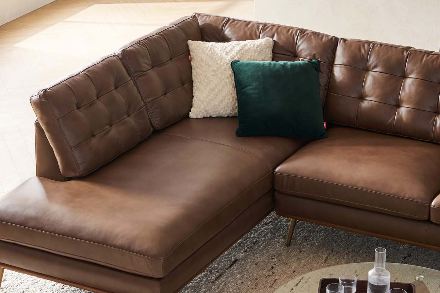 Loft Sectional Sofa With Chaise, Right Facing, Tan Imitation Leather