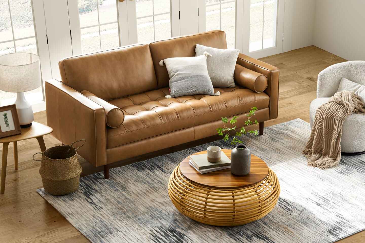 Napa 2 Seater Sofa With Ottoman, Tan Imitation Leather