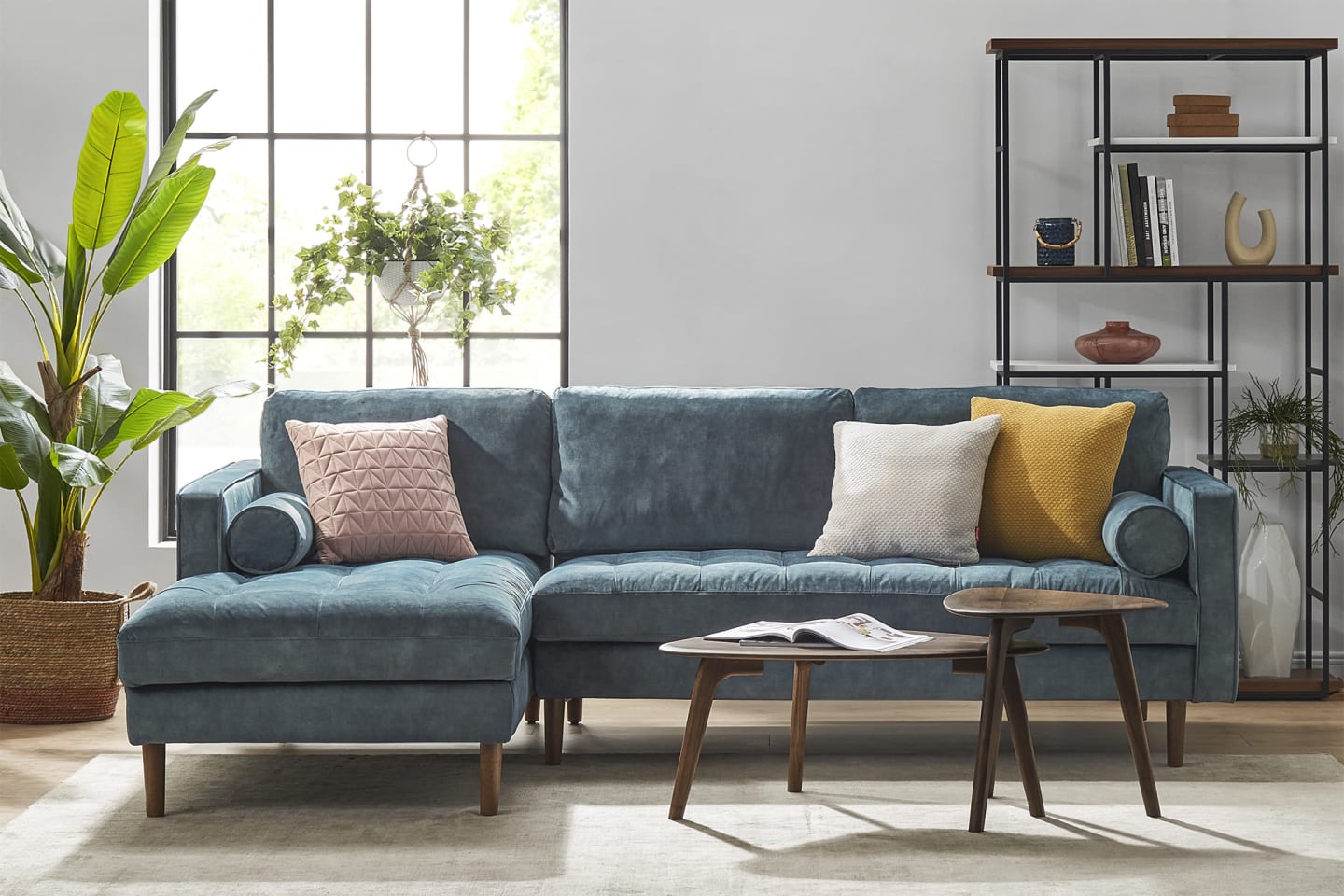 Napa Sectional Sofa With Chaise, Left Facing, Navy Blue, Velvet