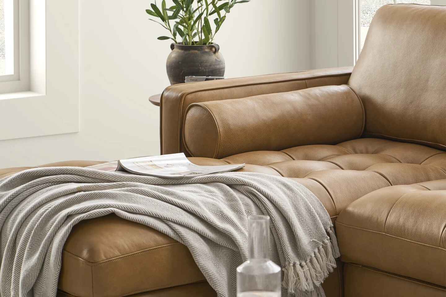 Napa Sectional Sofa With Chaise, Left Facing, Tan Imitation Leather