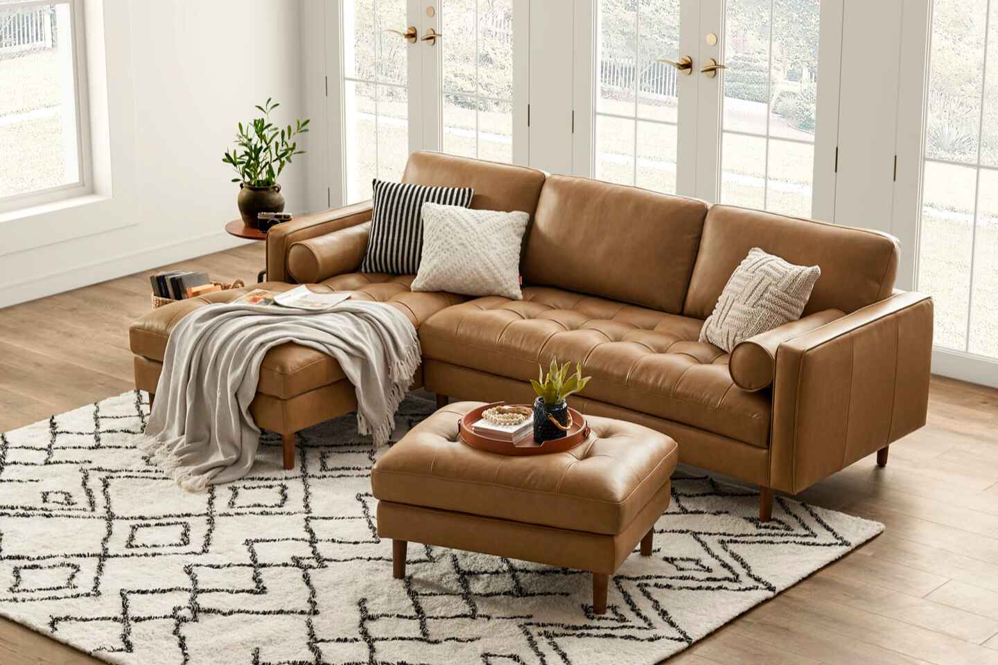 Napa Chaise Sectional Sofa with Ottoman, Tan Imitation Leather