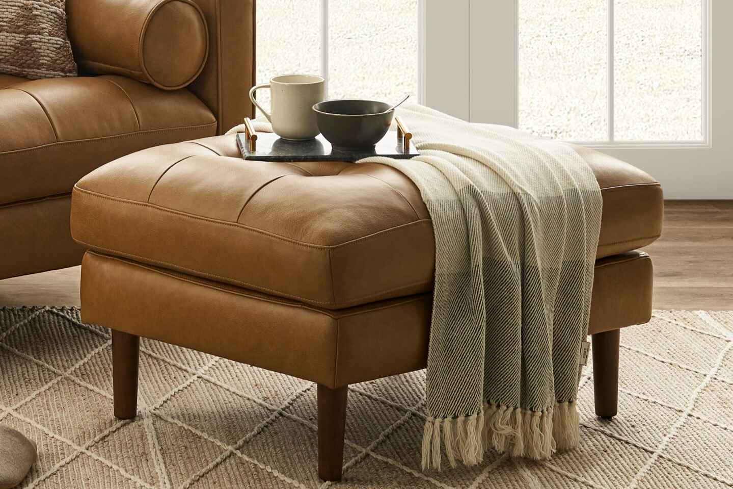 Napa Chaise Sectional Sofa with Ottoman, Tan Imitation Leather