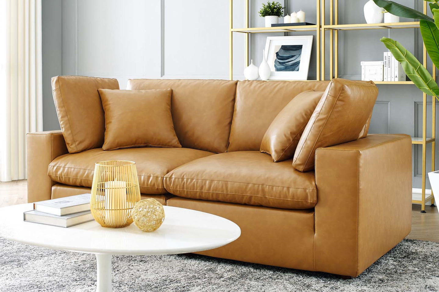 Commix Deep Seat Sectional Sofa, 2 Seater, Tan Imitation Leather