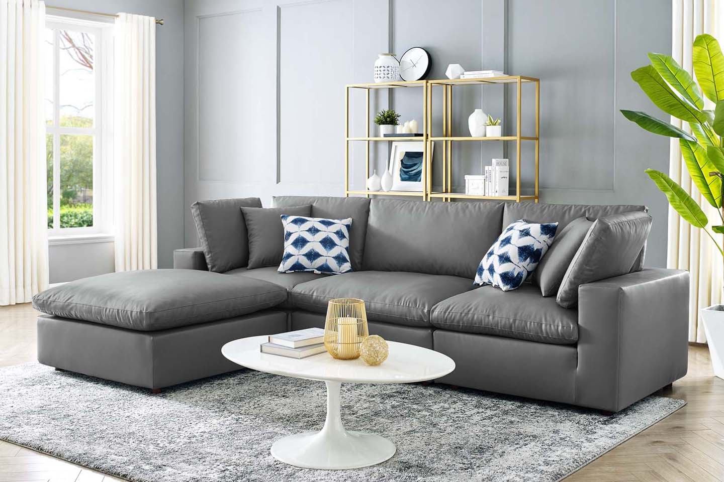 Commix Deep Seat Sectional Sofa With Ottoman, 3 Seater, Gray Imitation Leather