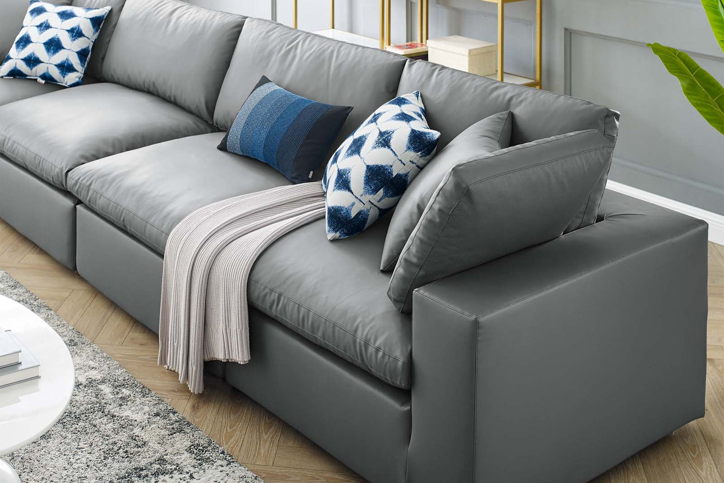 Commix Deep Seat Sectional Sofa With Ottoman, 3 Seater, Gray Imitation Leather