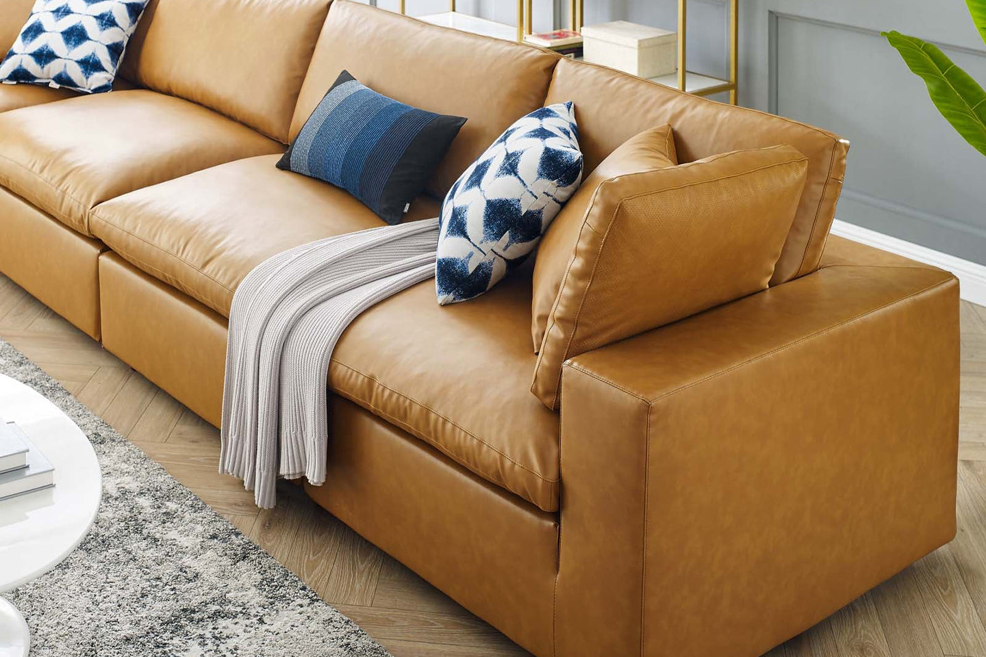 Commix Deep Seat Sectional Sofa With Ottoman, 3 Seater, Tan Imitation Leather