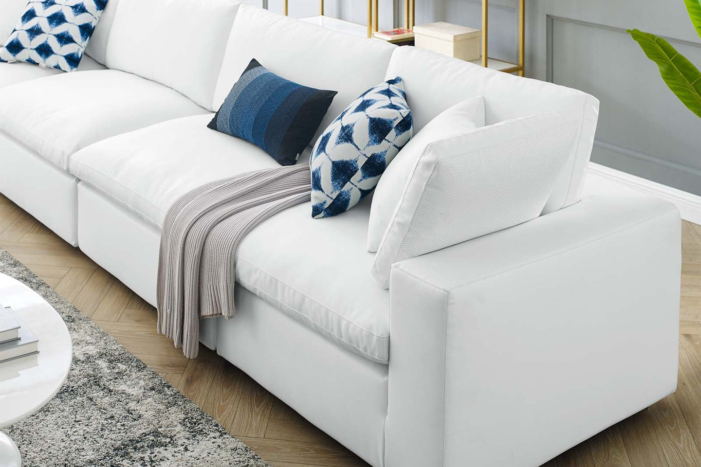 Commix Deep Seat Sectional Sofa With Ottoman, 3 Seater, White Imitation Leather