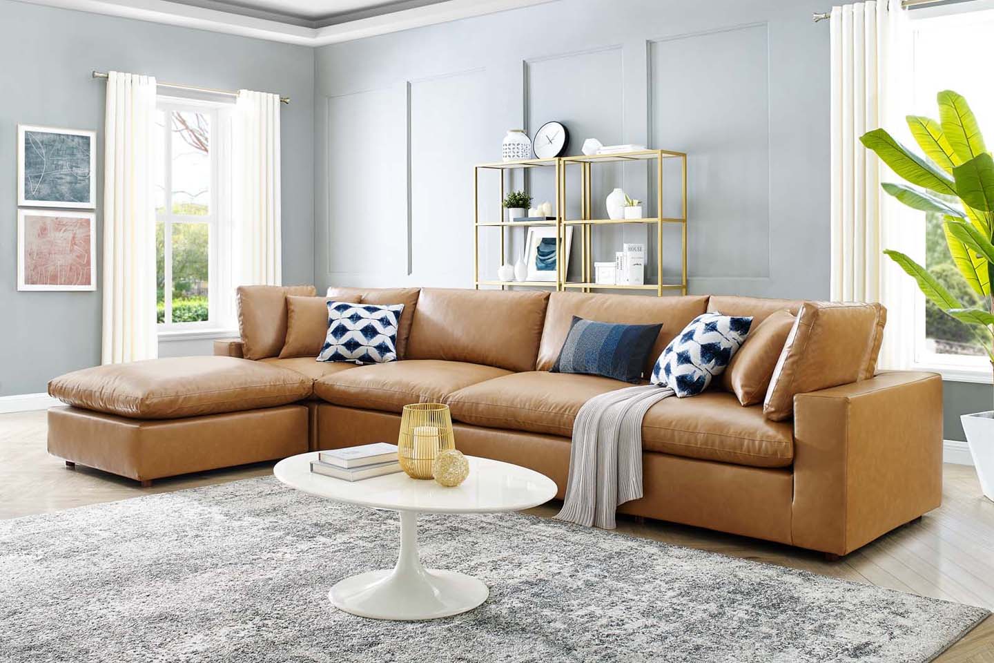 Commix Deep Seat Sectional Sofa With Ottoman, 4 Seater, Tan Imitation Leather