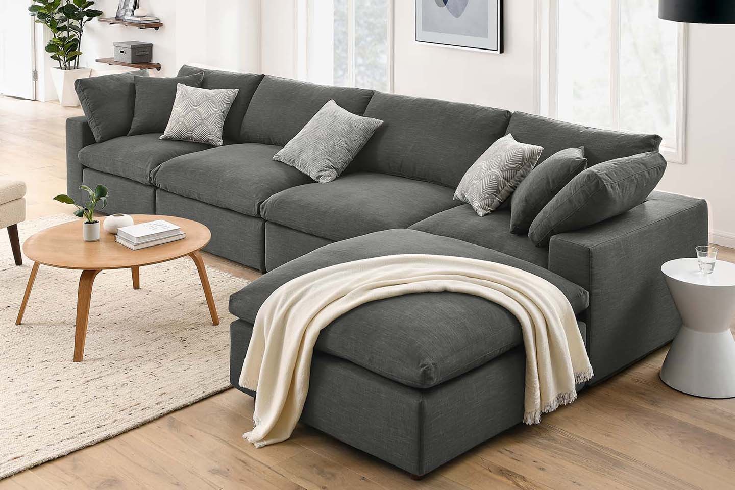 Commix Sectional Sofa With Ottoman, 4 Seater, Gray