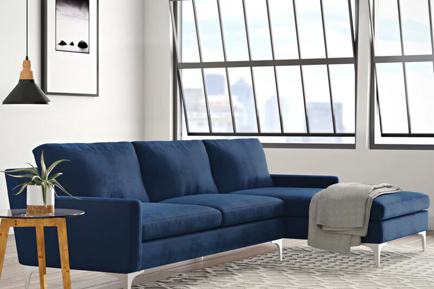 Jones Sectional Sofa With Chaise, Left Facing, Blue, Velvet