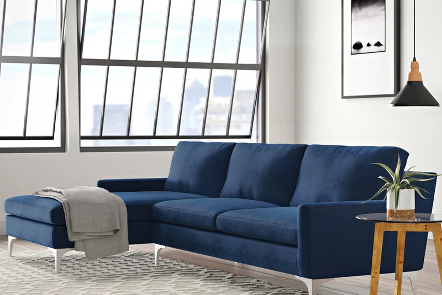 Jones Sectional Sofa With Chaise, Right Facing, Blue, Polyester