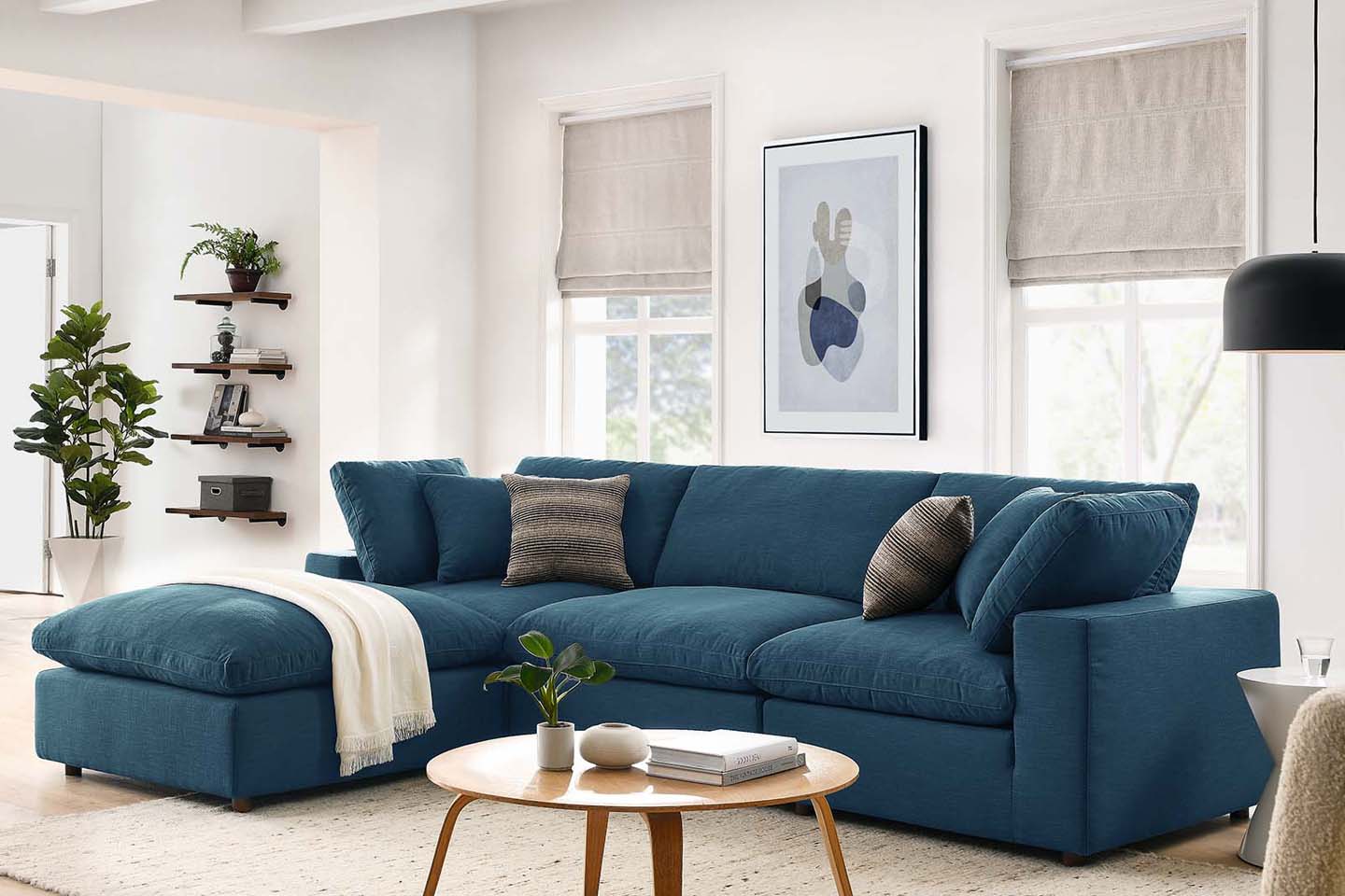 Commix Sectional Sofa With Ottoman, 3 Seater, Azure