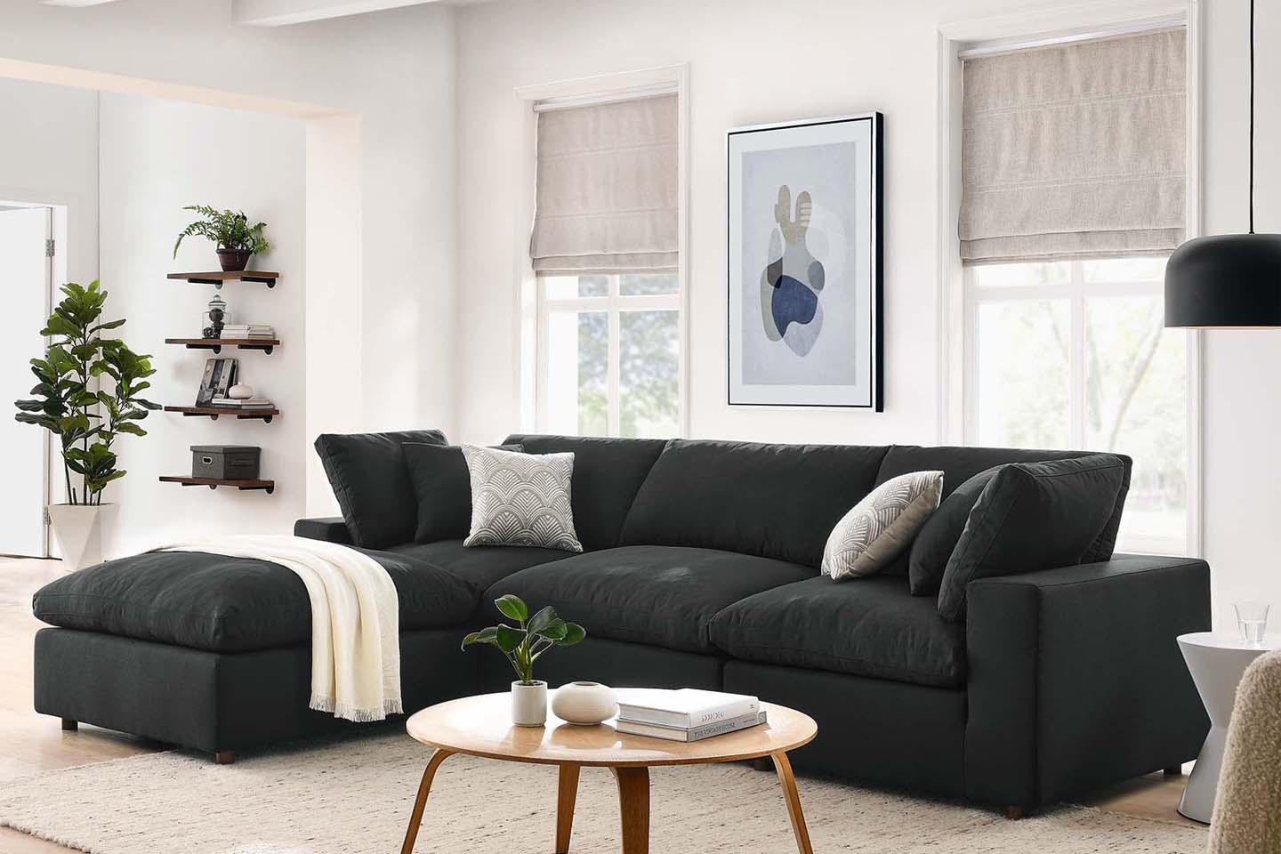 Commix Sectional Sofa With Ottoman, 3 Seater, Black