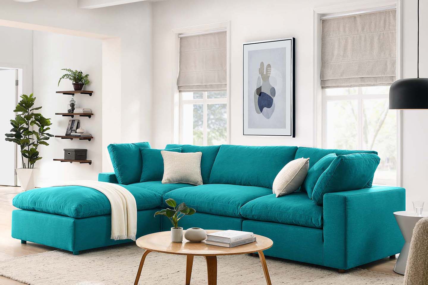 Commix Sectional Sofa With Ottoman, 3 Seater, Teal