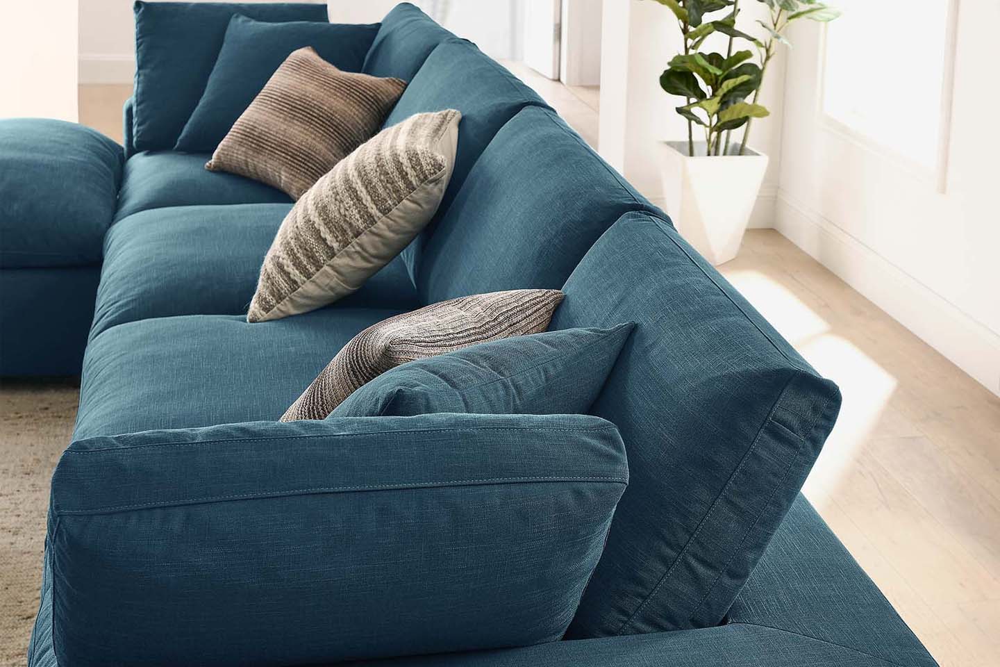 Commix Sectional Sofa With Ottoman, 4 Seater, Azure