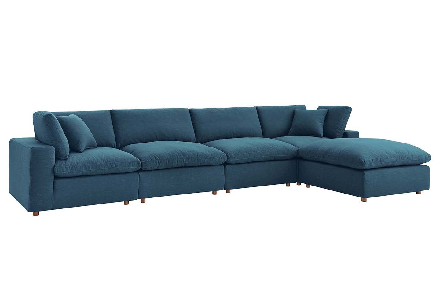 Commix Sectional Sofa With Ottoman, 4 Seater, Azure