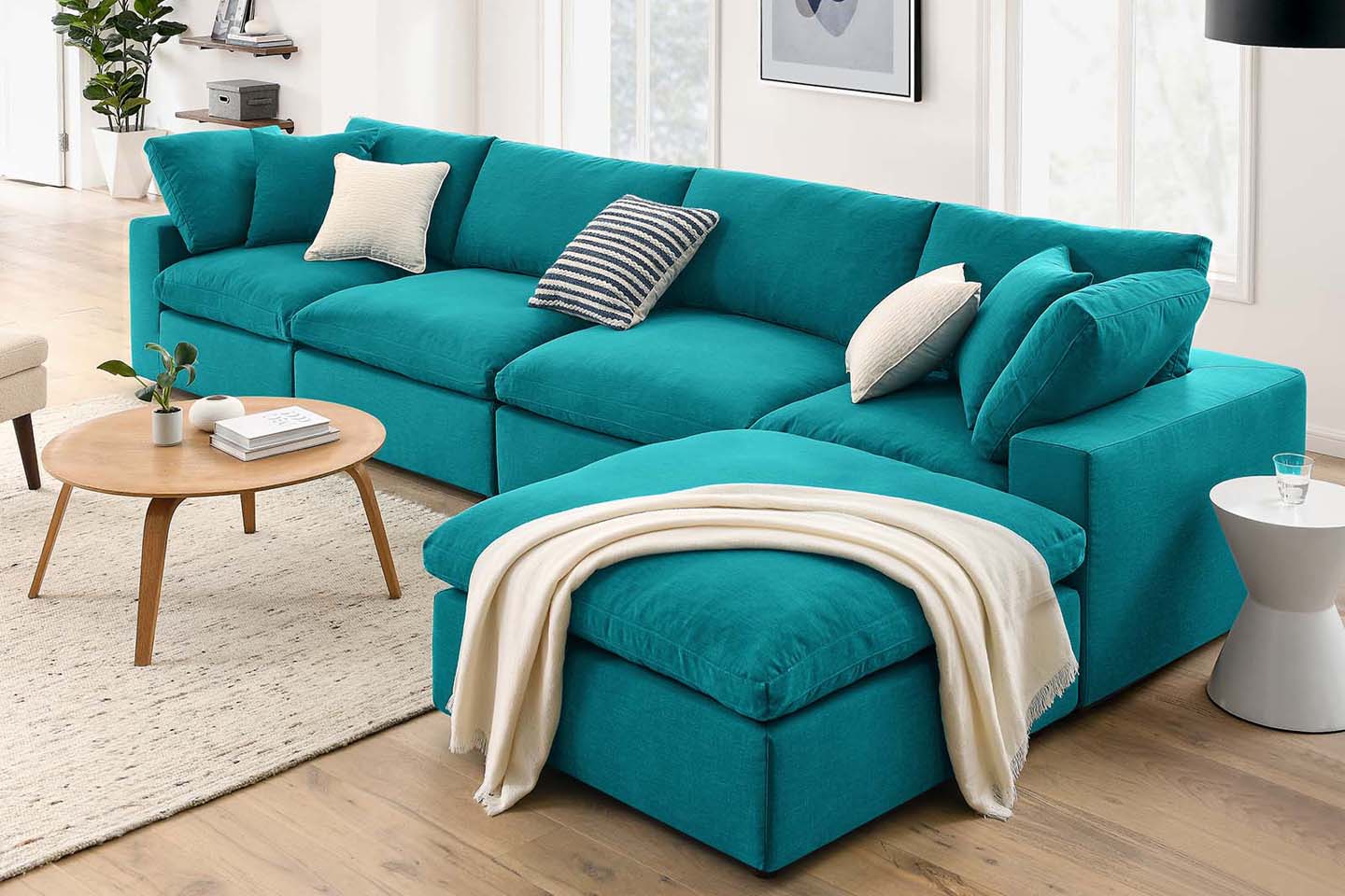 Commix Sectional Sofa With Ottoman, 4 Seater, Teal